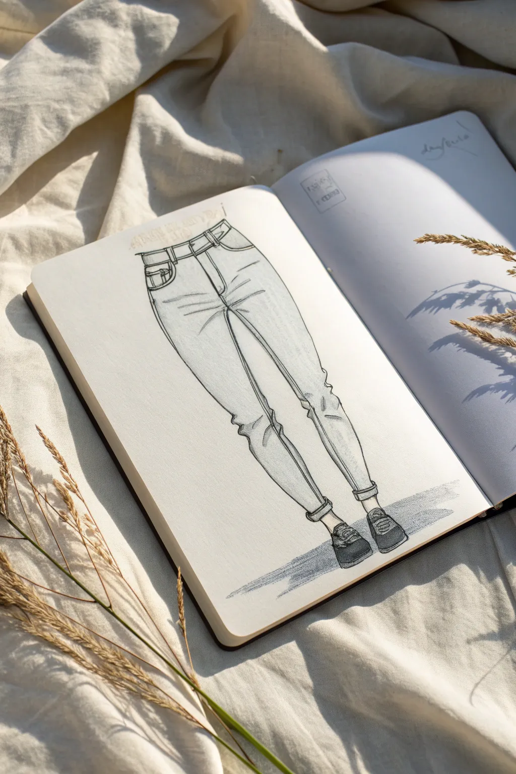 Anime skinny jeans leg study with clean folds and rolled cuffs, minimalist sketchbook look