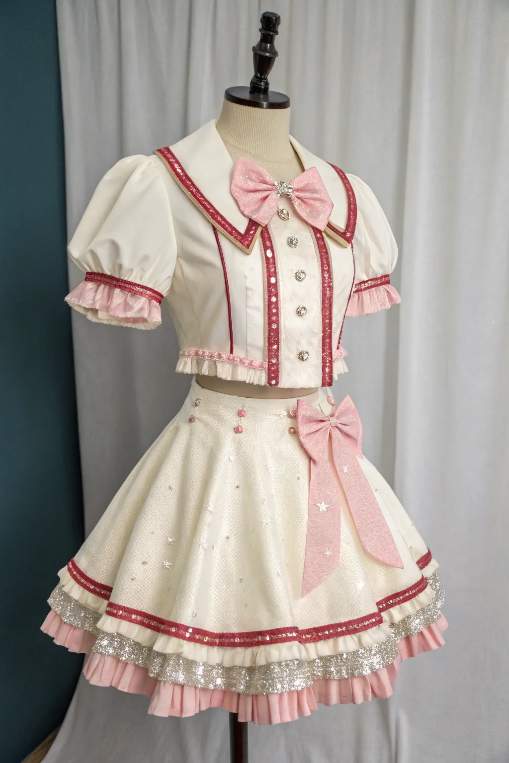 Idol stage outfit idea: frilly jacket, big bows, flared skirt, sparkle accents, mic pack details