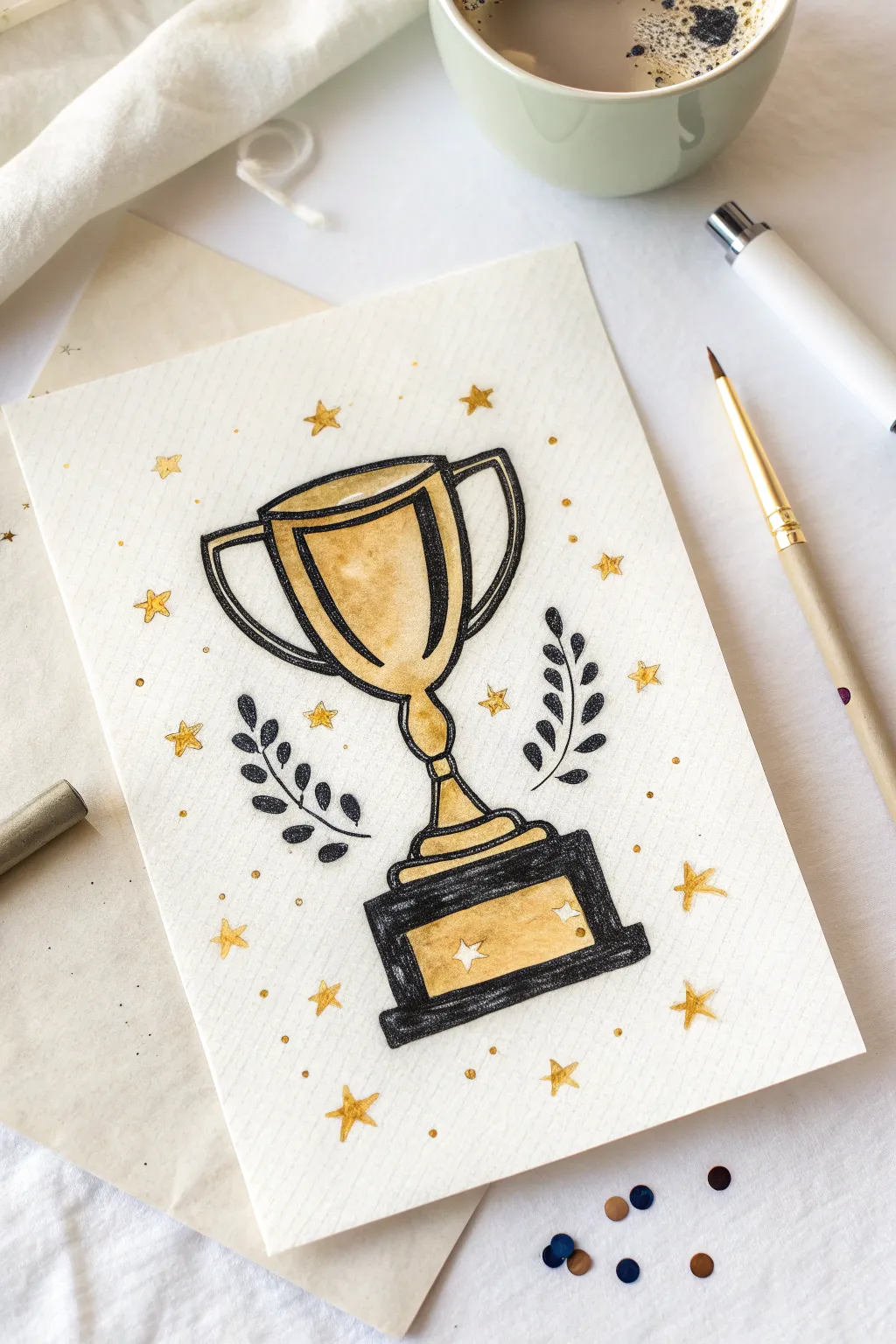 Minimalist gold trophy illustration with sparkles, perfect for appreciation drawing ideas.