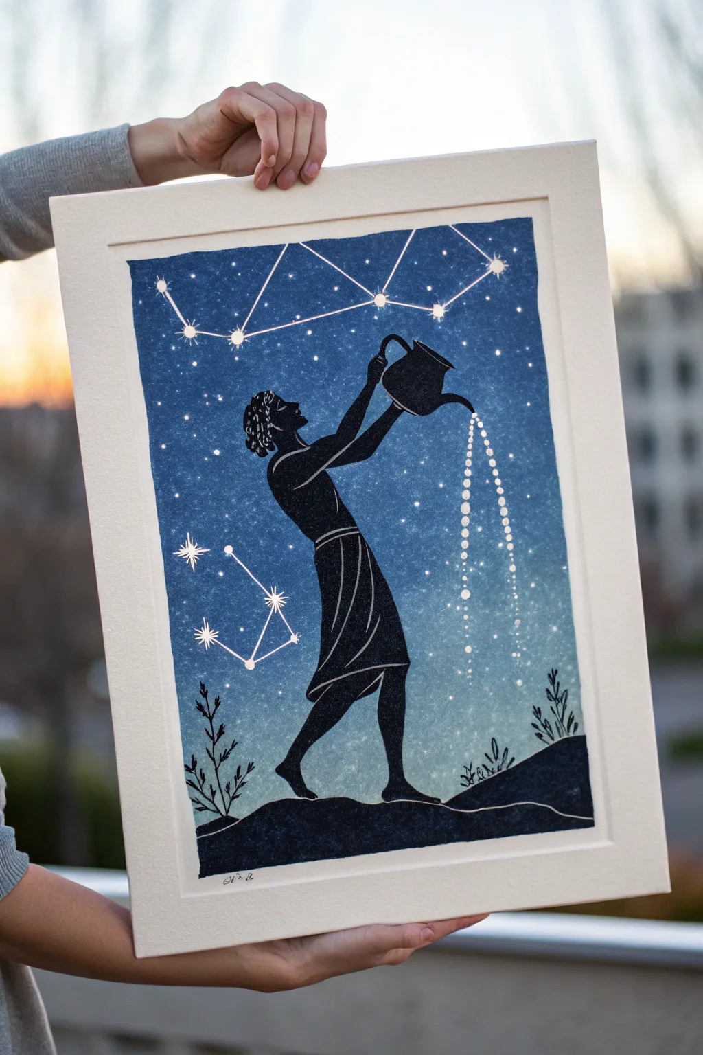 Minimalist Aquarius water bearer silhouette with liquid starlight pour, bold contrast and calm vibes.