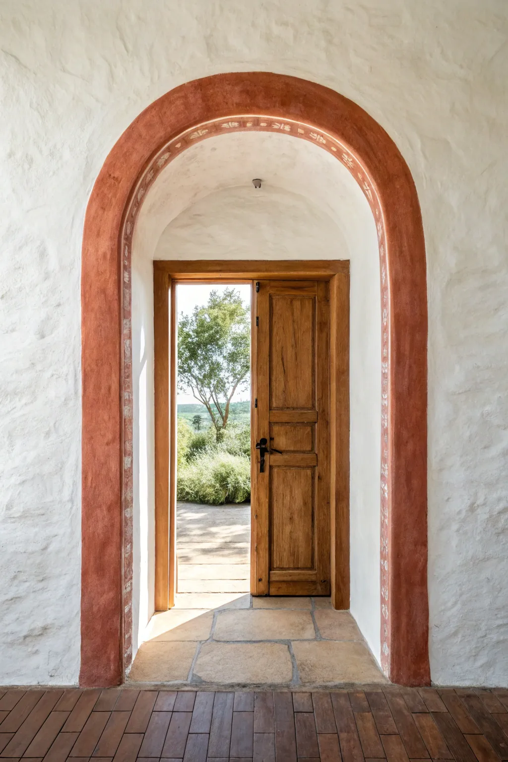 A straight-on doorway with a hand-painted faux arch that visually heightens the opening.
