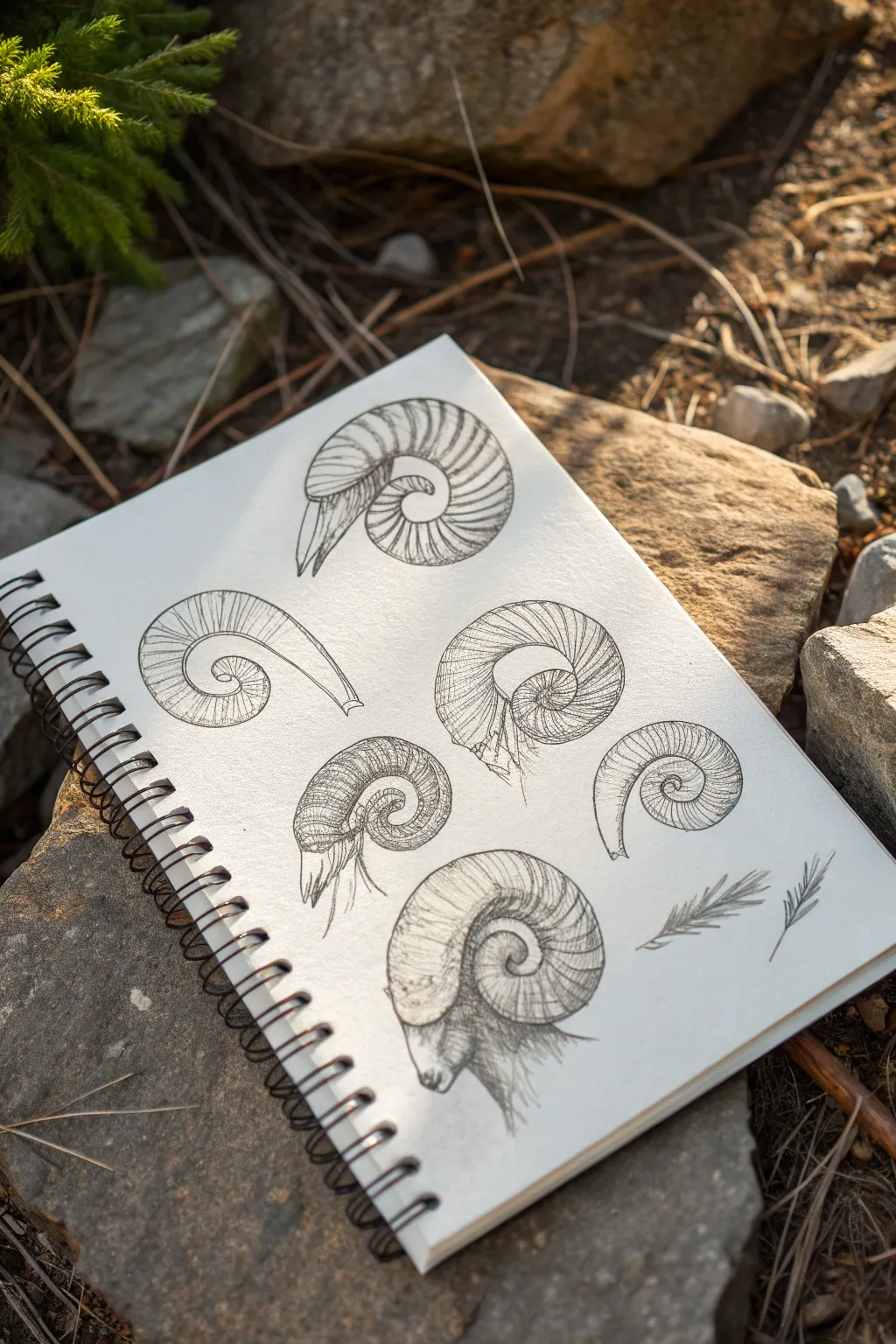 Minimal ram horn sketch study with graceful spirals and shadow cues for Aries-inspired drawing.