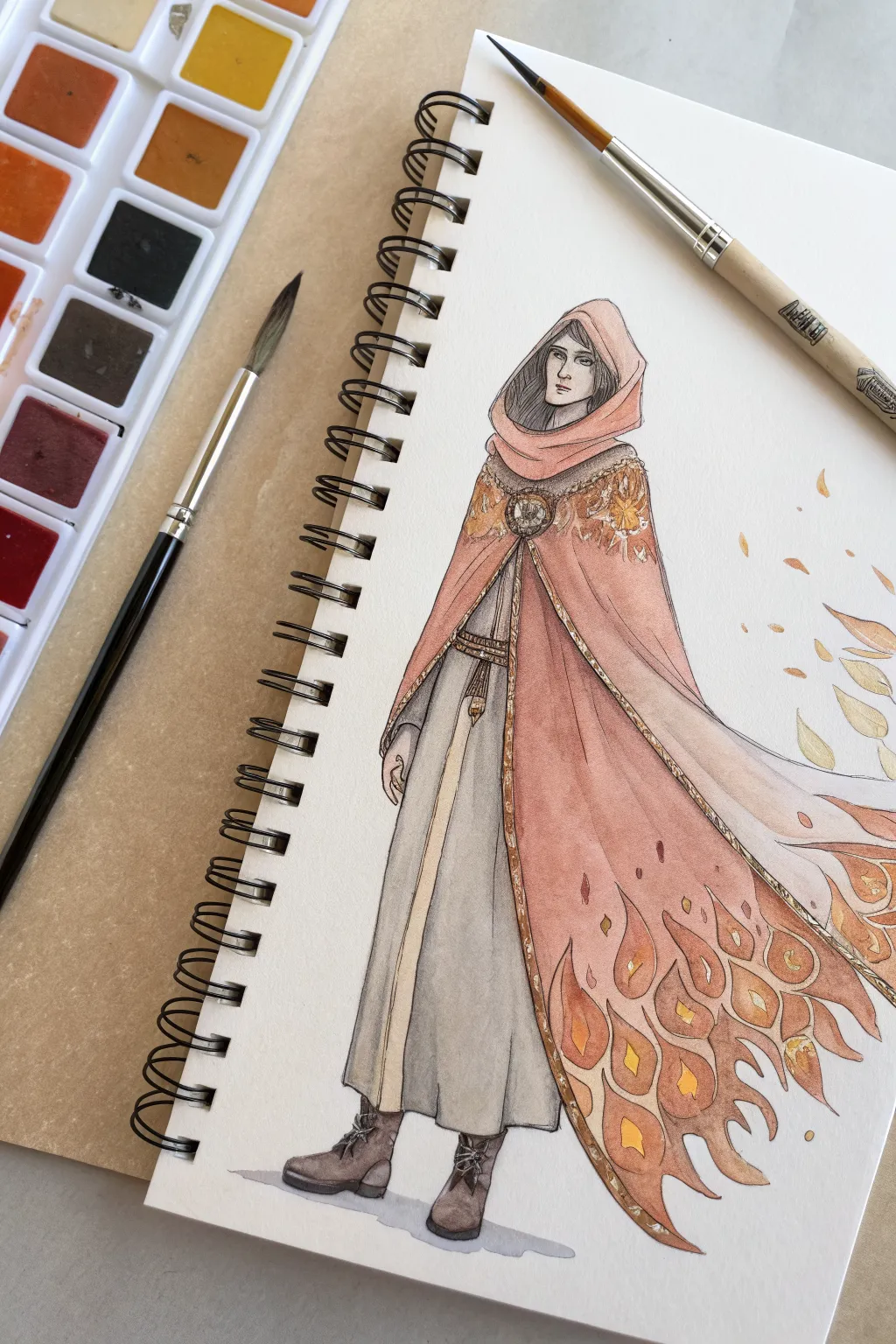 Element-themed spellcaster design with flame-hem robe and palette swatches, minimalist boho mood.