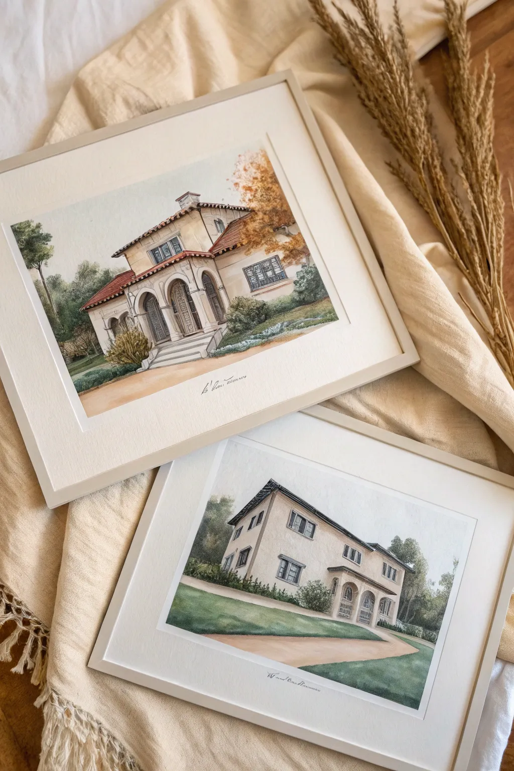 Home portrait commission idea: line art vs full color tiers with a cozy Scandinavian-boho feel