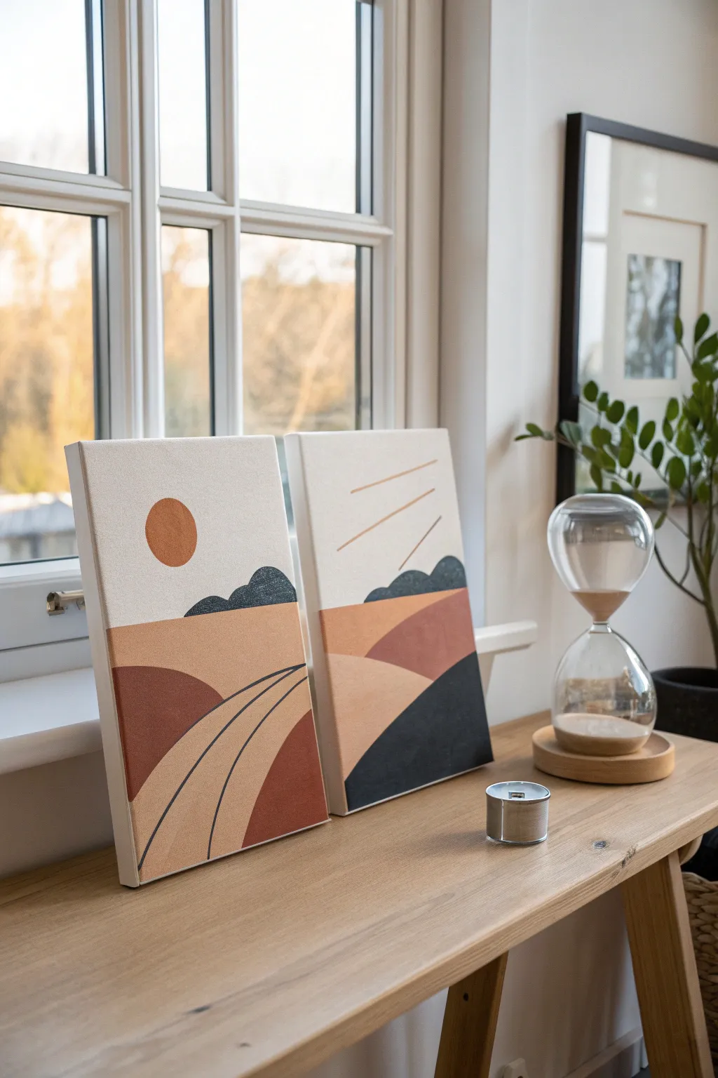 Switch-and-finish at home: two half-done canvases, a ticking sand timer, and playful swapping