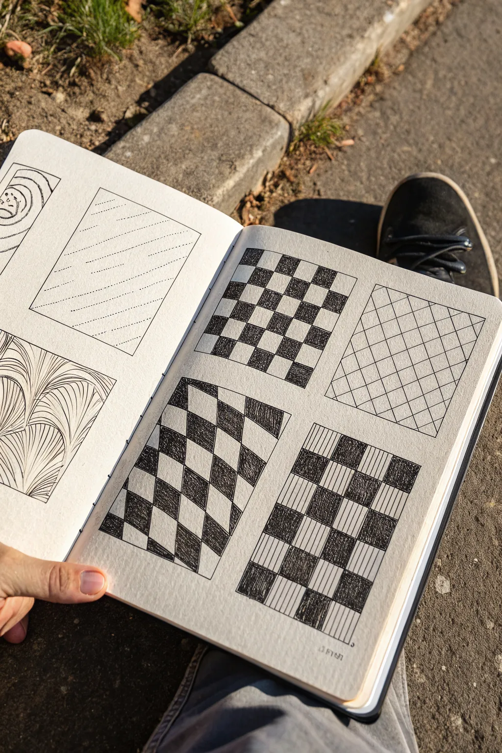 Try checkerboard twists: bold ink squares, warped grids, and textured fills on clean paper.