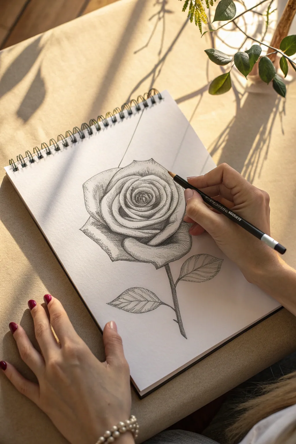Beginner pencil rose: spiral petals with easy graphite shading for depth and contrast