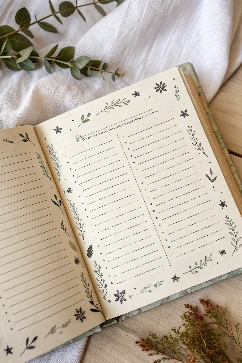 Minimalist gratitude list page with gentle leaf doodles and boho borders for art journaling