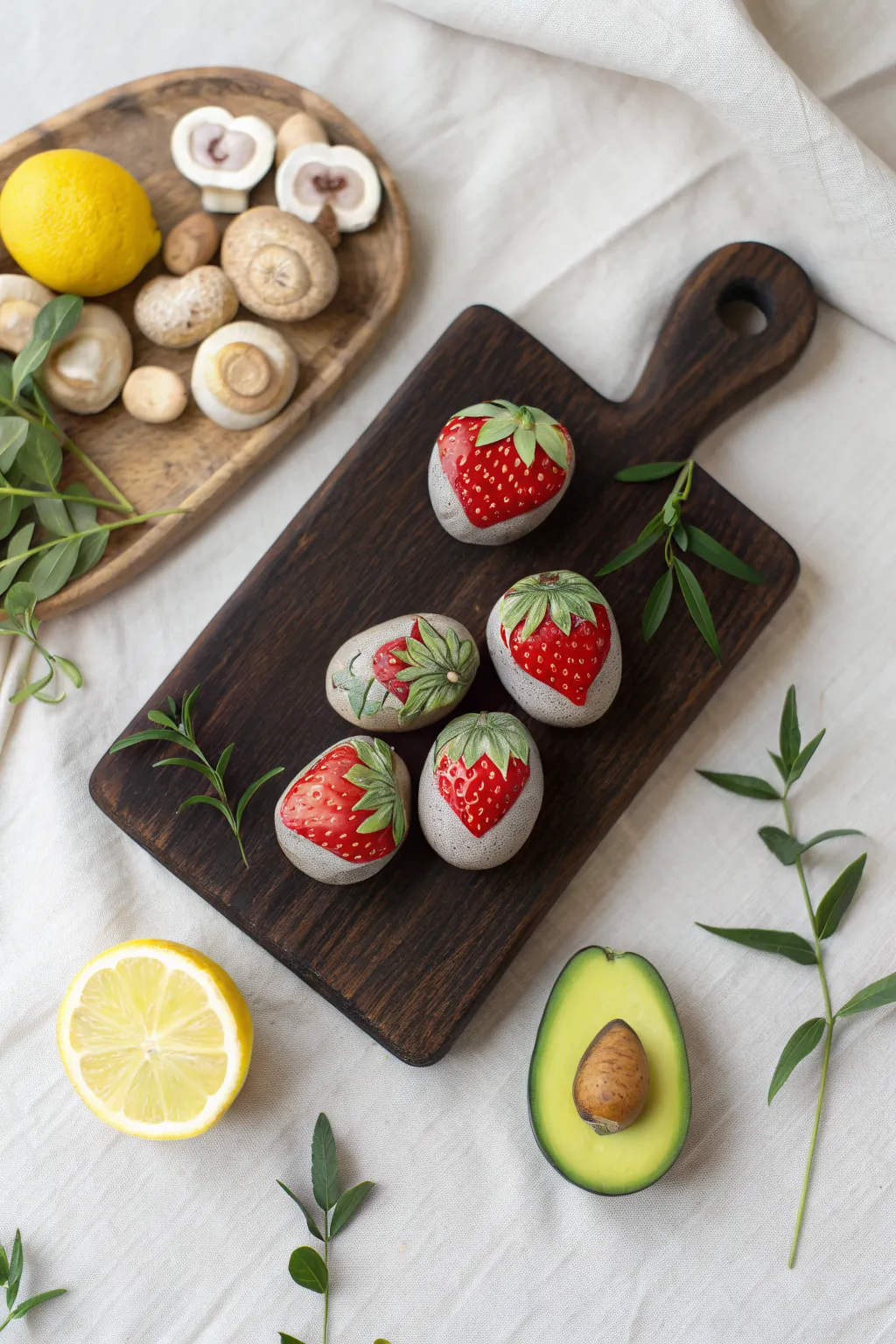 Painted fruit and veggie stones on a wooden board, like a tiny market haul with trompe loeil charm