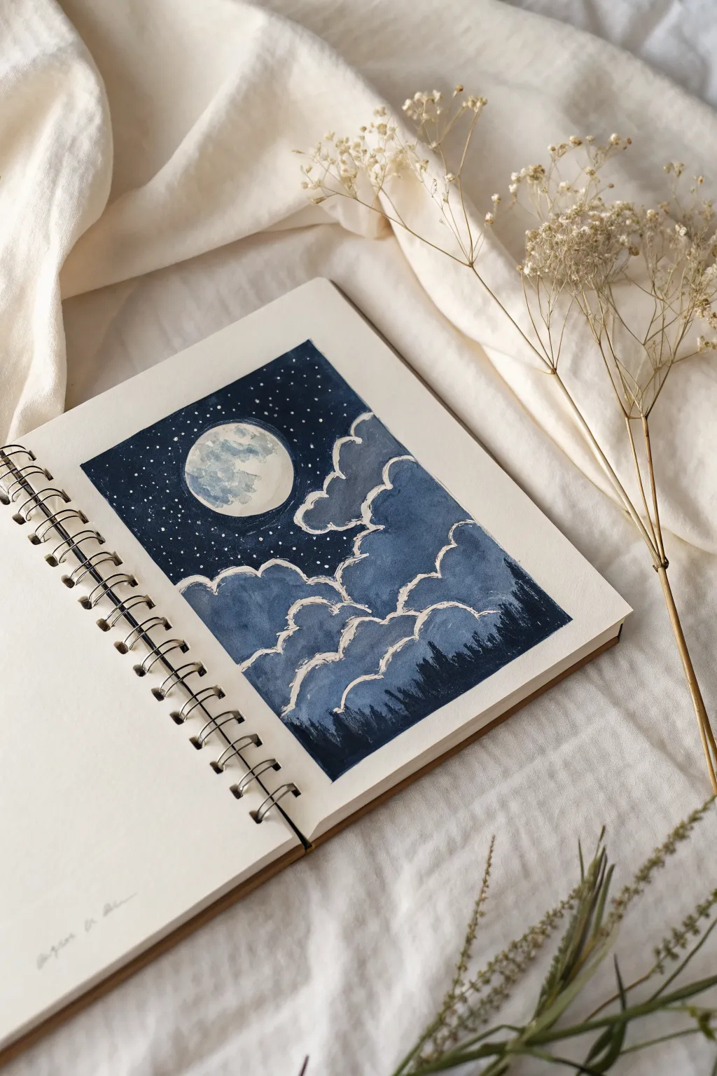 Moonlit rim-light clouds: simple, dreamy contrast for your next nighttime sketch.