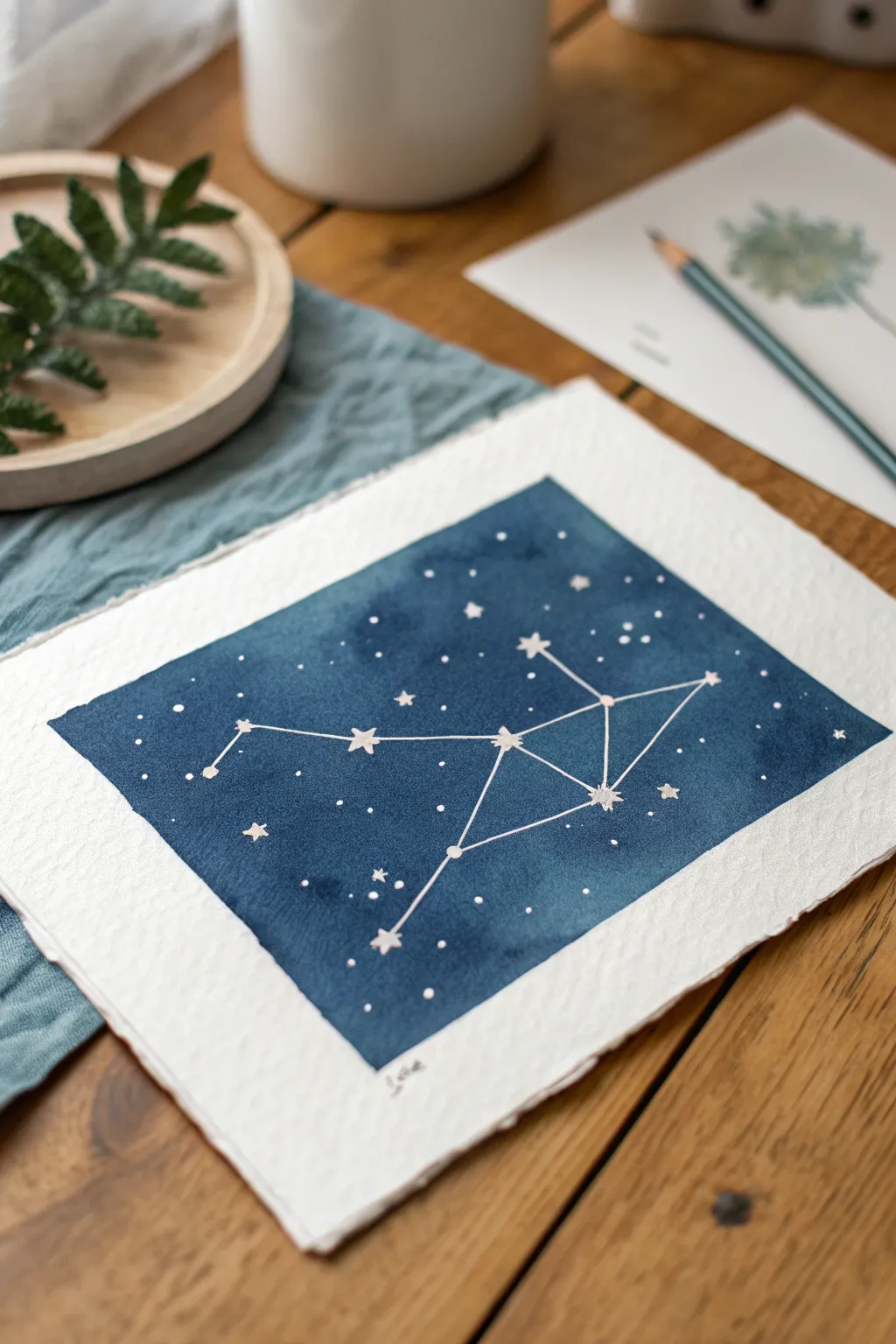 Indigo night-sky constellation connect-the-dots with bright stars and clean minimalist lines