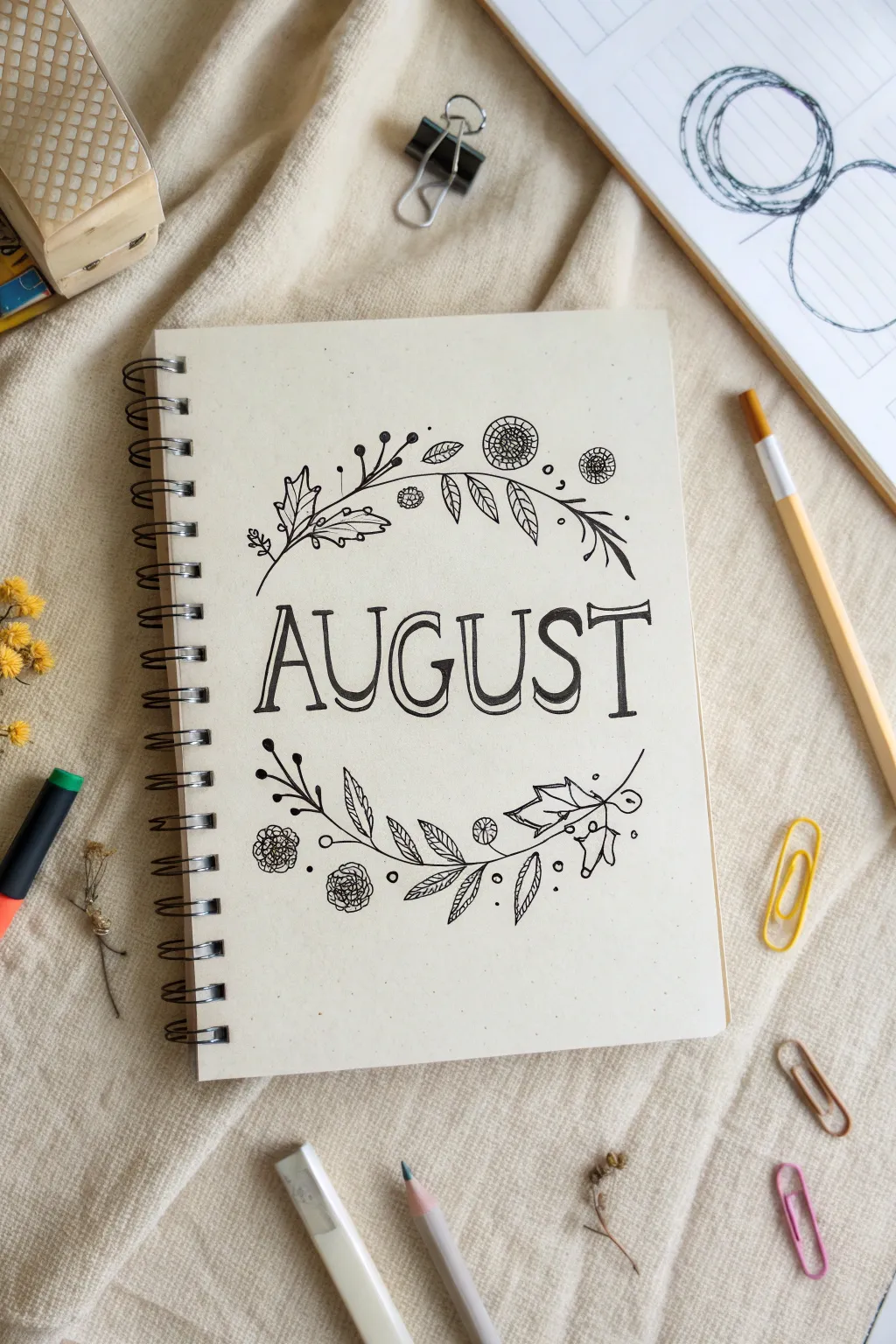 Fresh August sketchbook inspiration: a minimalist back-to-school doodle collage with playful icons.
