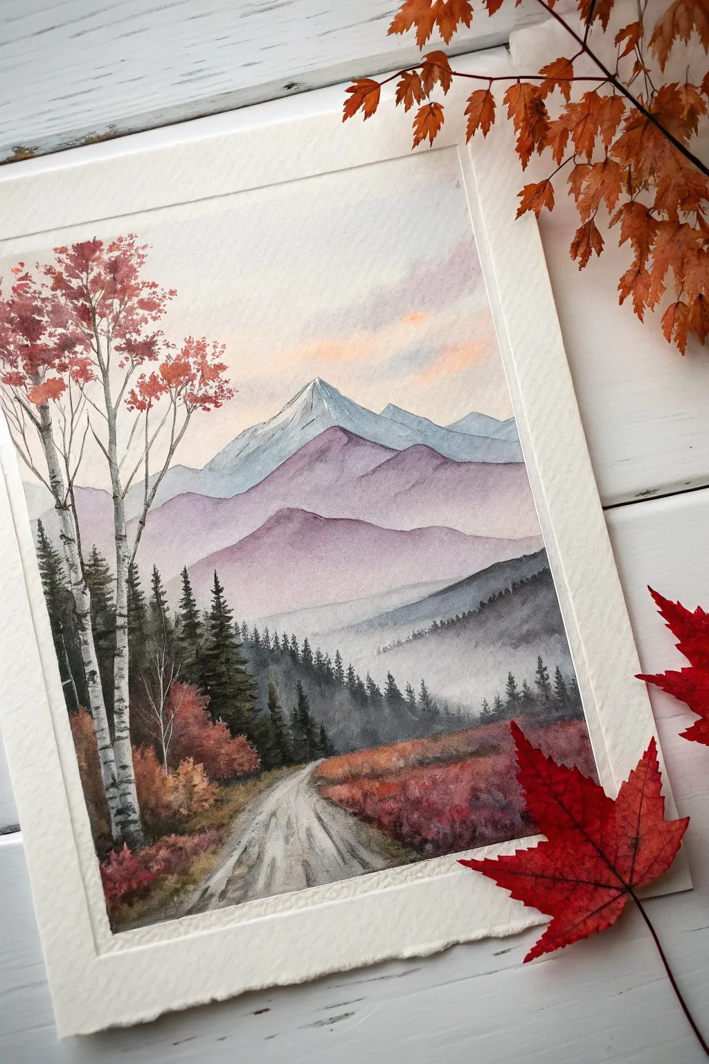 Warm crimson trees against cool distant mountains, a minimalist autumn landscape with drama