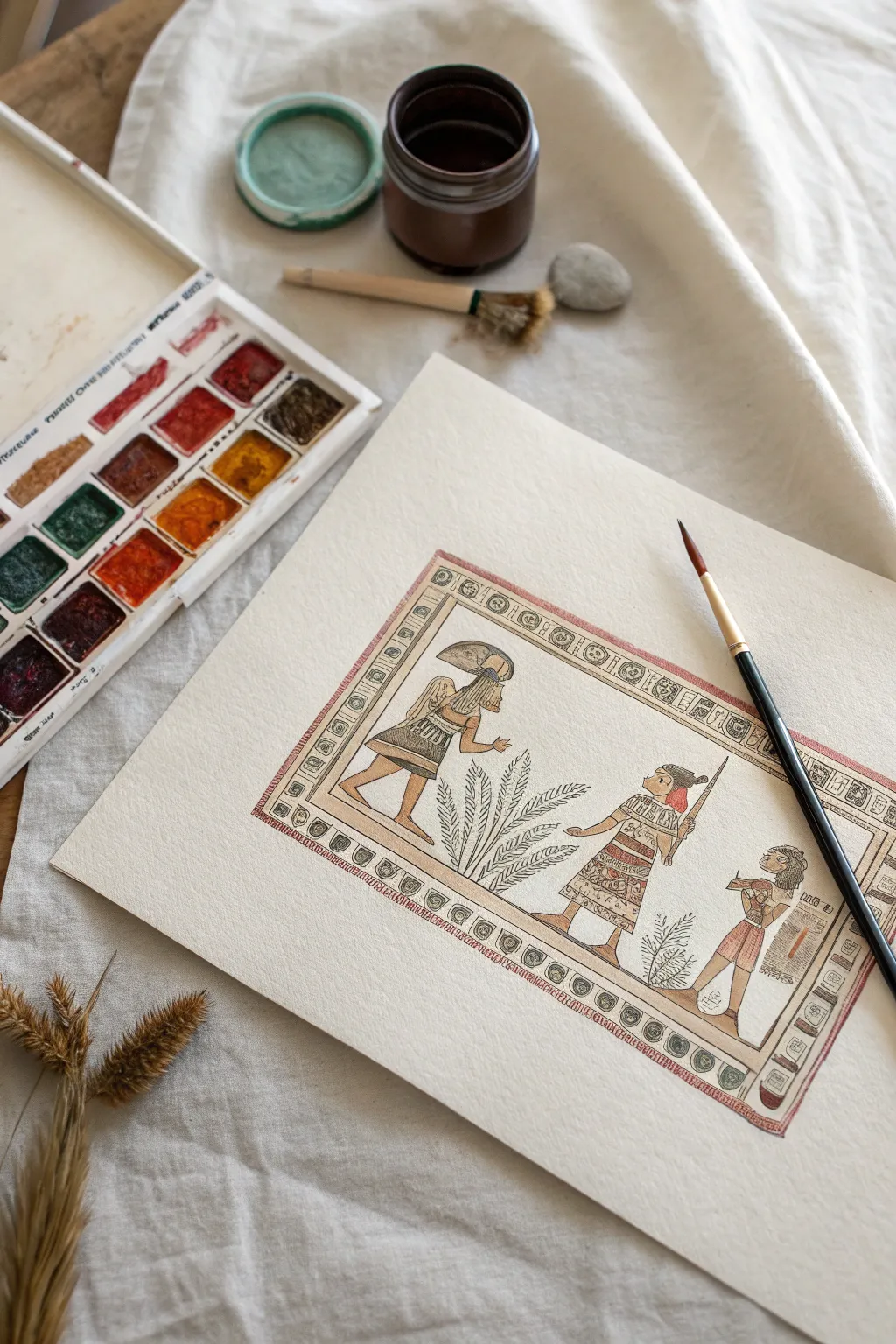 Minimal Aztec codex scene in neat bands, flat profiles and earthy pigments on warm paper