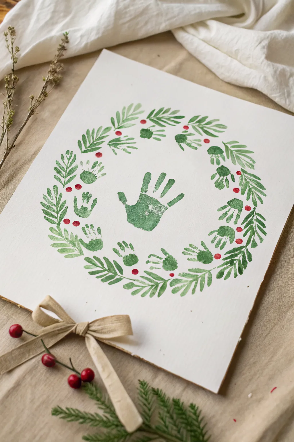 Baby handprint holiday wreath with red berries and bow, a minimal Christmas keepsake to paint