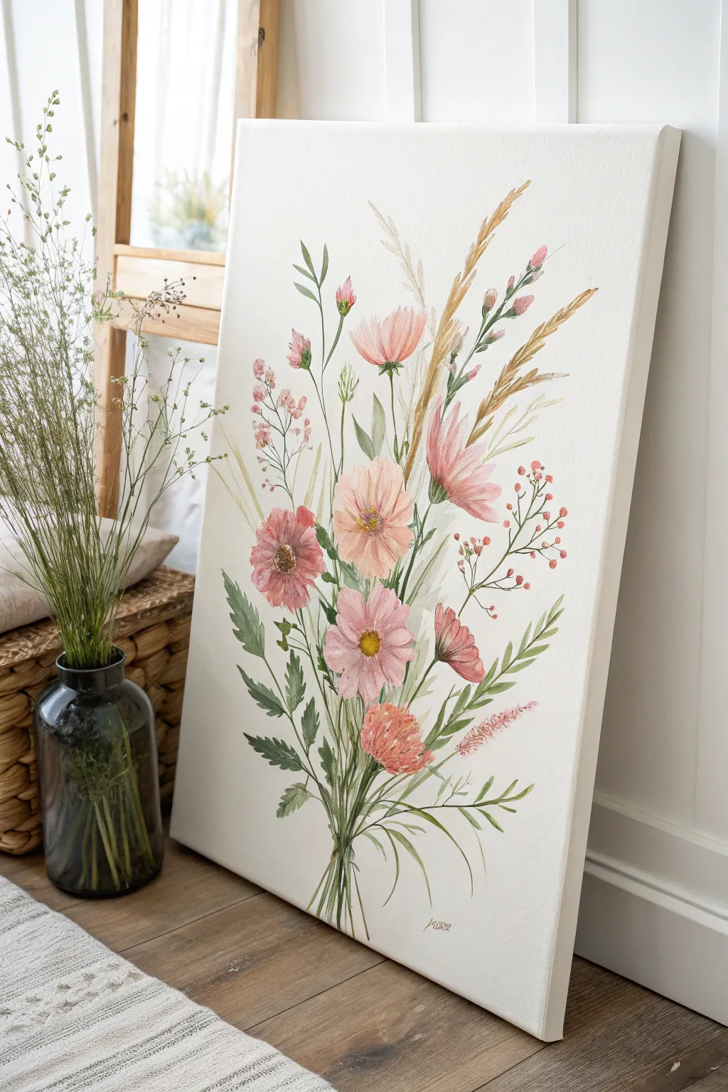Simple pastel wildflower bouquet canvas art, airy and sweet for a baby girls room nursery