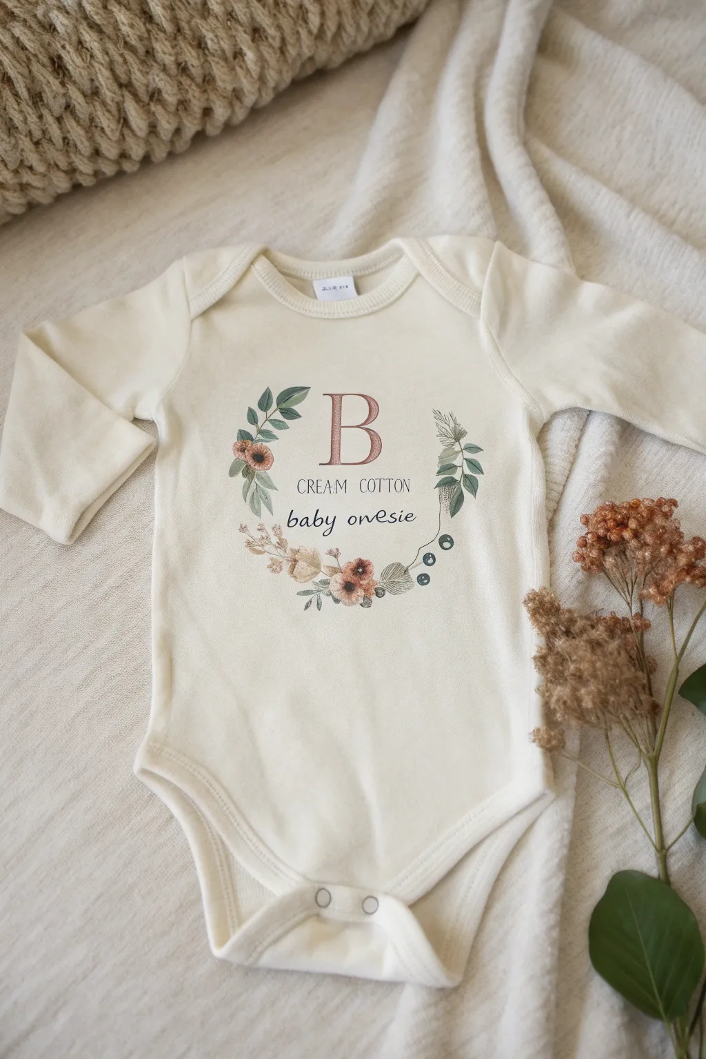 Minimal boho baby onesie with hand painted floral wreath and single monogram initial