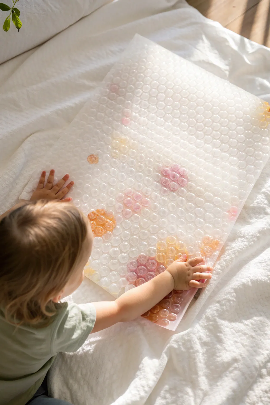 Instant texture magic: bubble wrap press painting with baby hands and soft pastel dots.