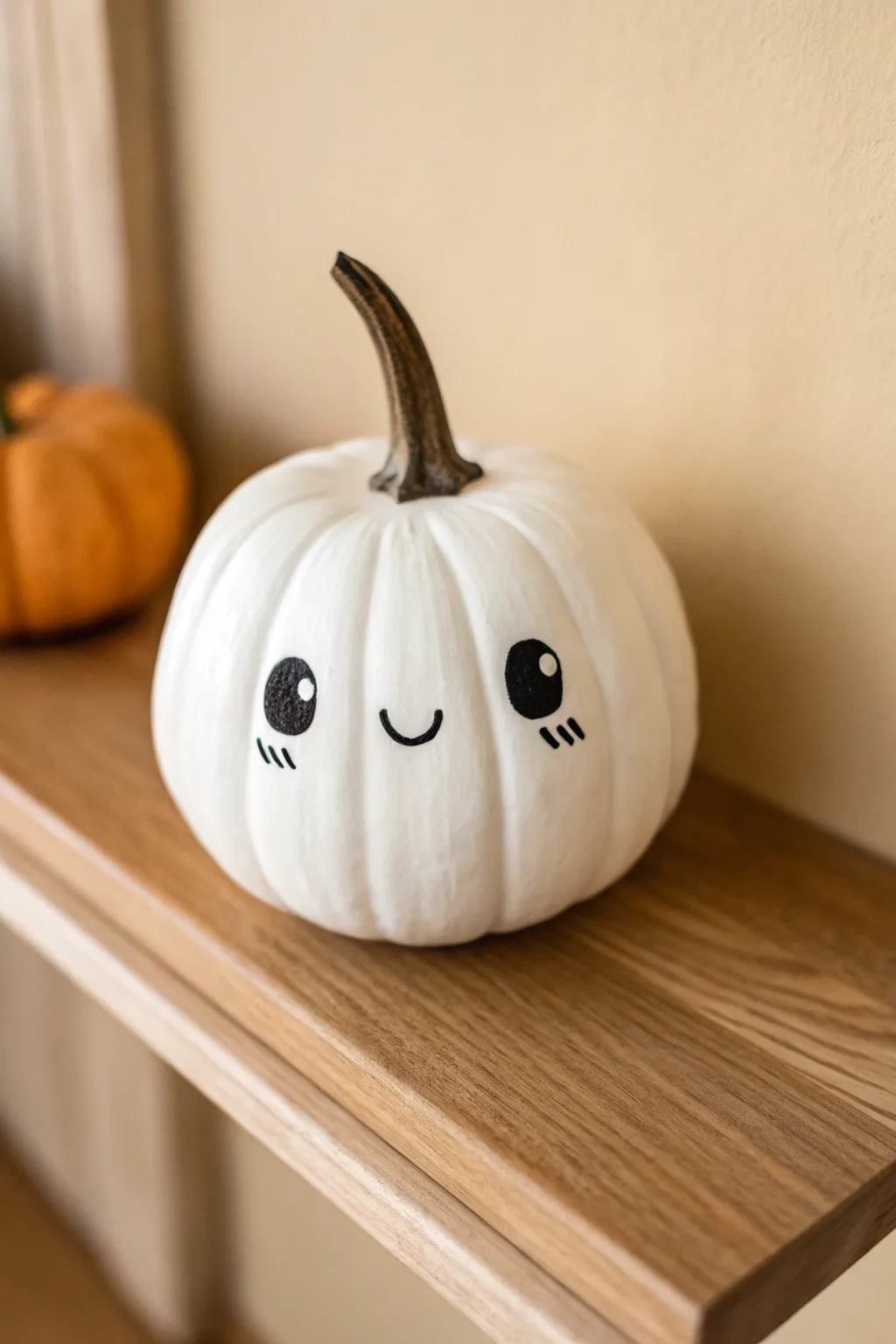Classic white ghost baby pumpkin with sweet face, styled on a calm neutral nursery shelf.