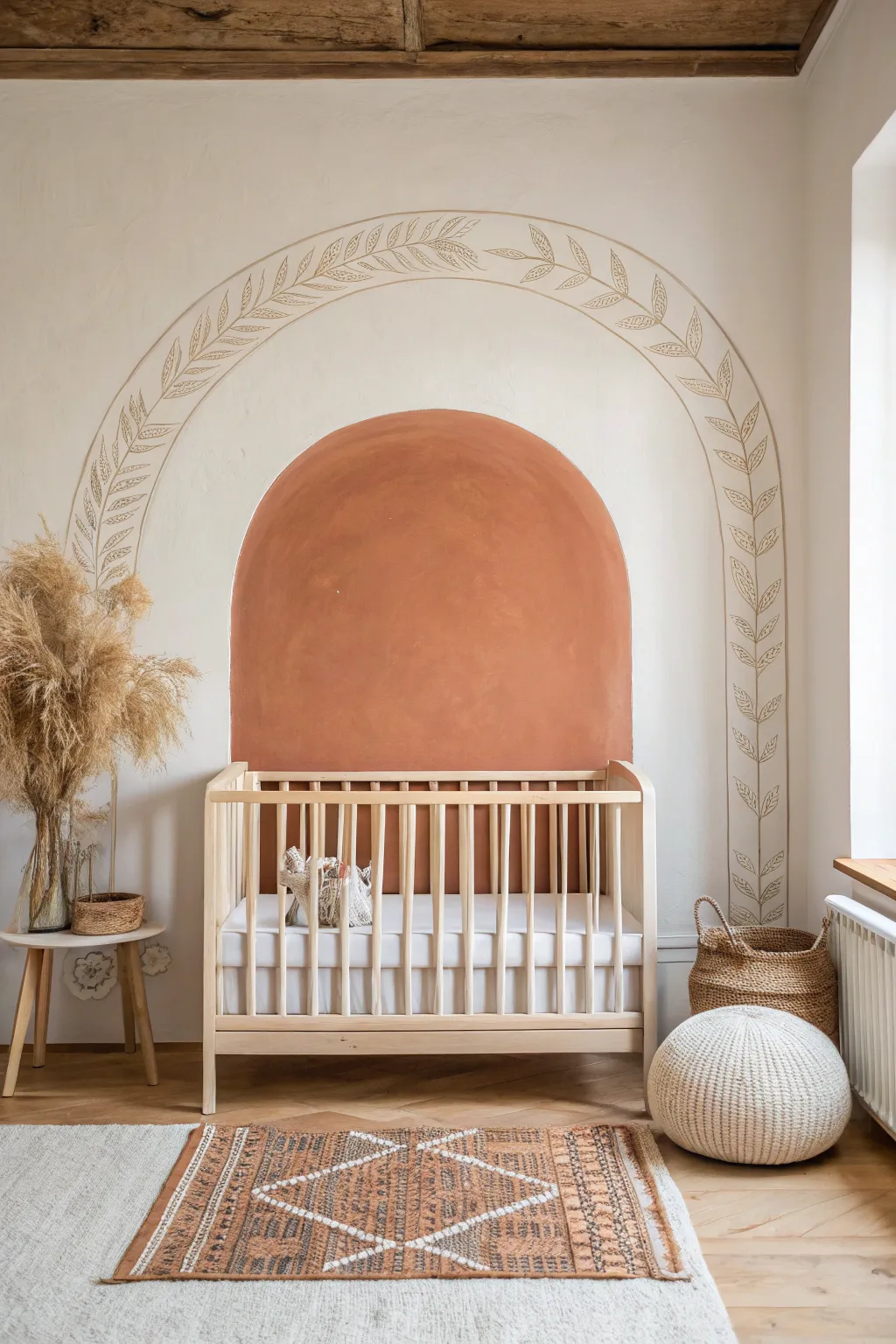 Warm neutral painted arch behind the crib, styled simply with a side table and soft rug