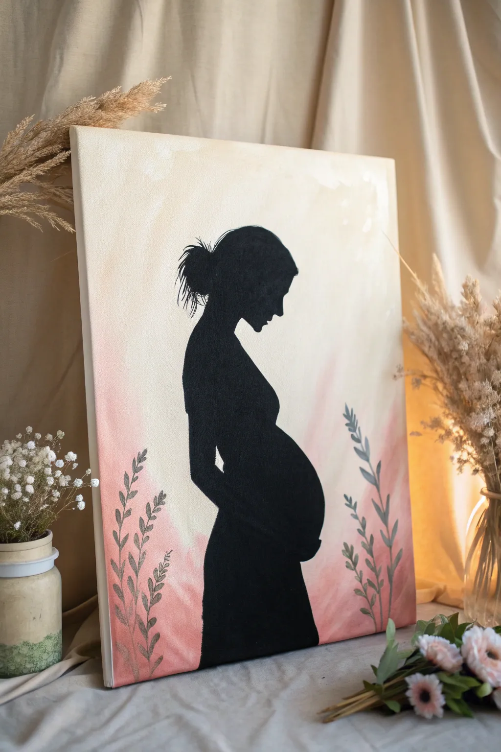 Minimal mama-and-bump silhouette canvas idea with soft gradient and boho floral accents