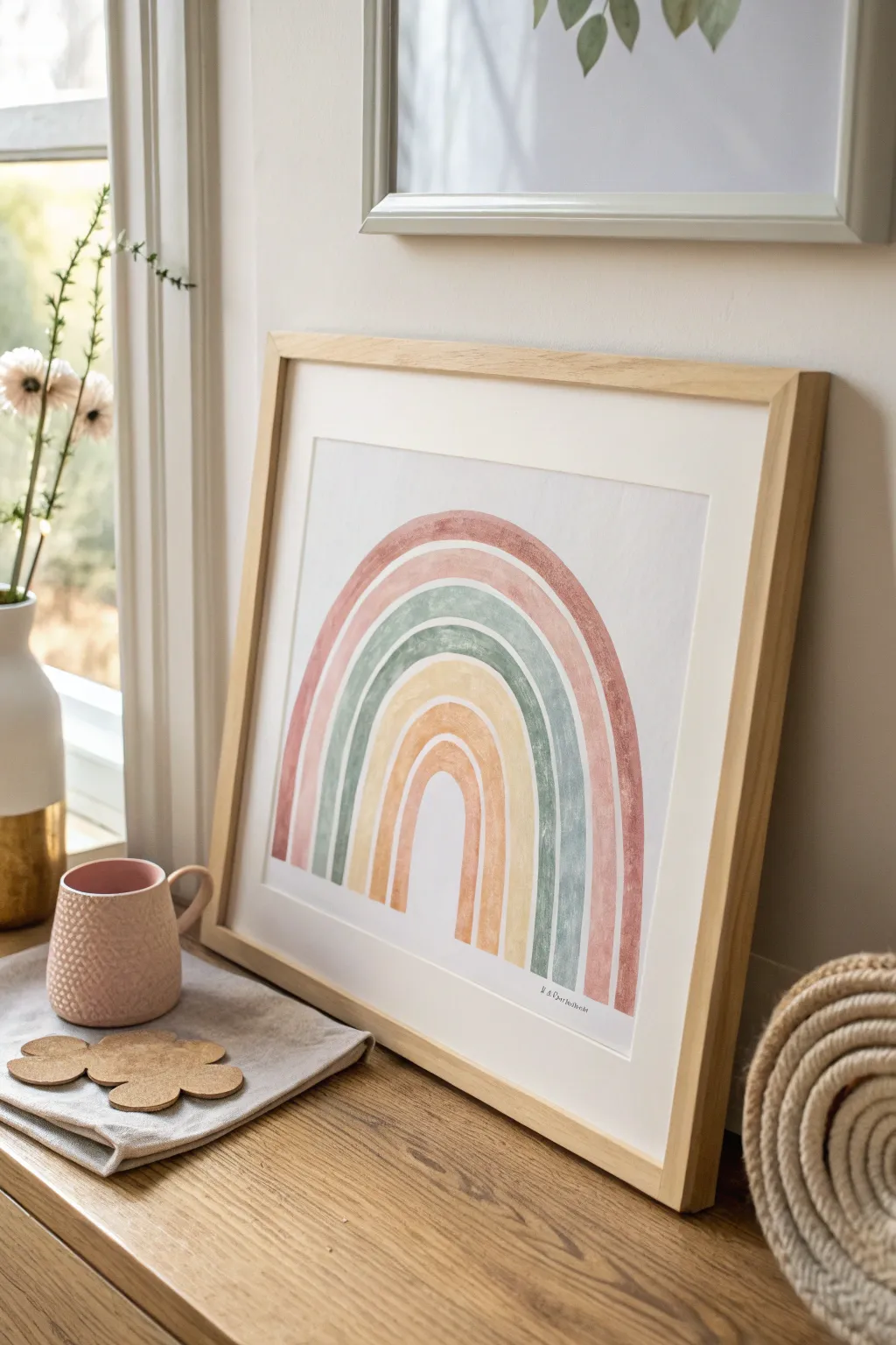 Soft pastel rainbow watercolor in a neutral frame, perfect calm nursery baby shower art