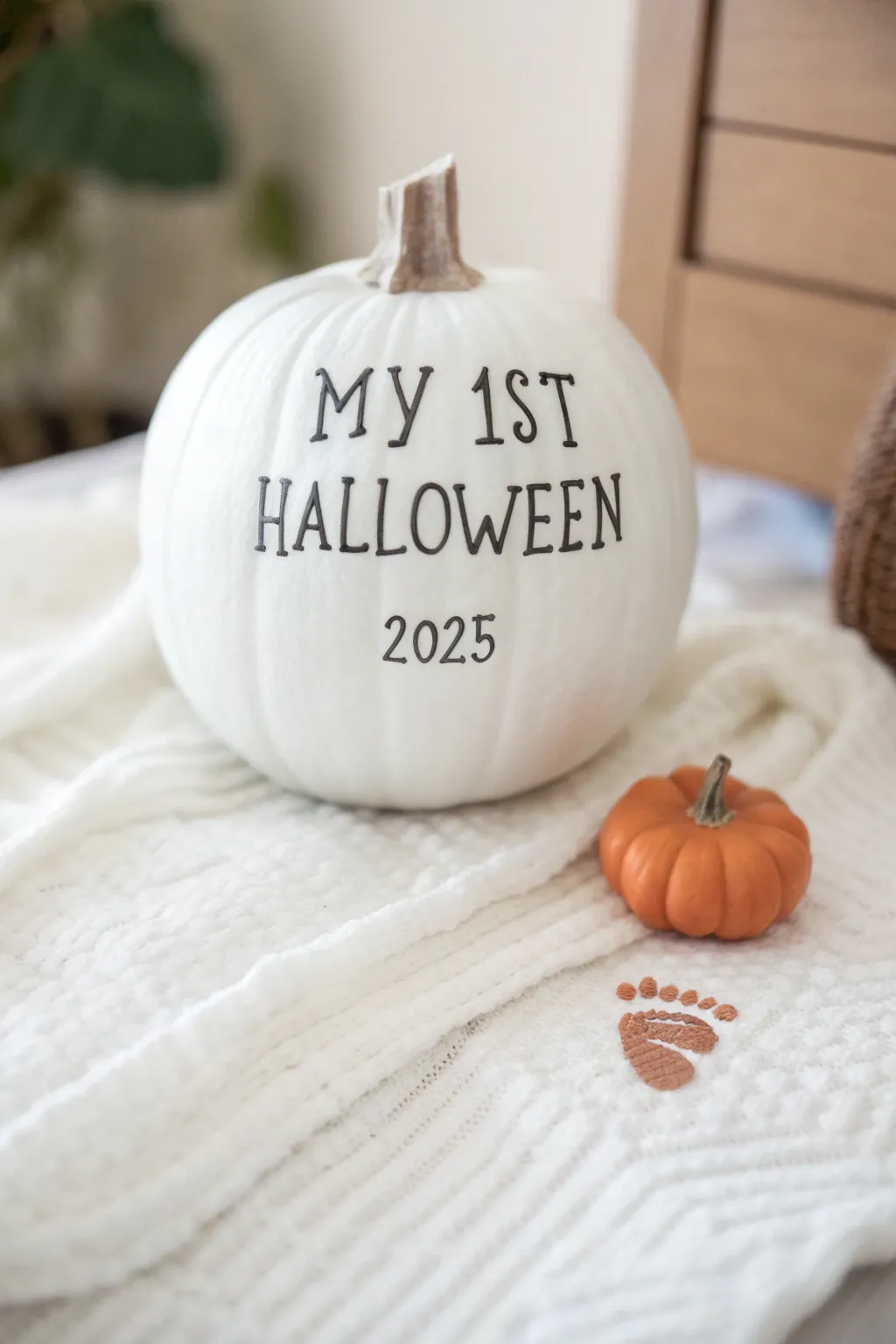 Minimal milestone pumpkin with baby handprint signature, perfect prop for first Halloween.