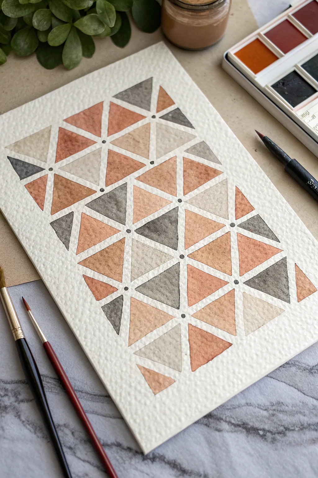 Interlocking triangle tessellation in soft neutrals, high-contrast and minimalist boho chic.