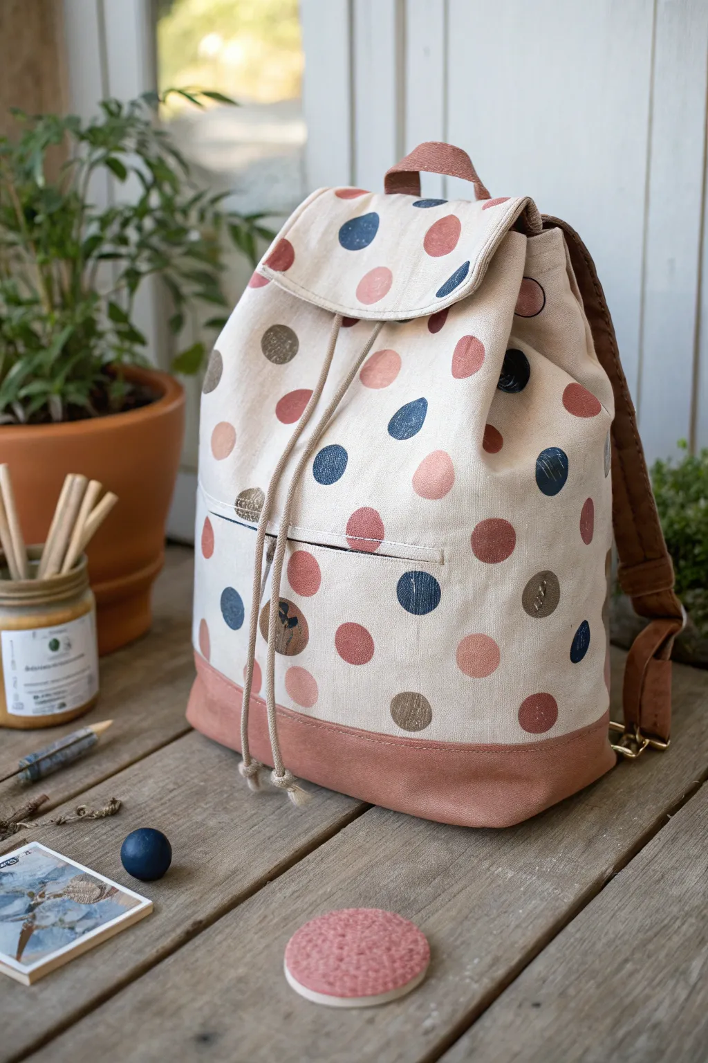 Classic polka dot pop: a simple backpack design with bold dots and minimal tools nearby
