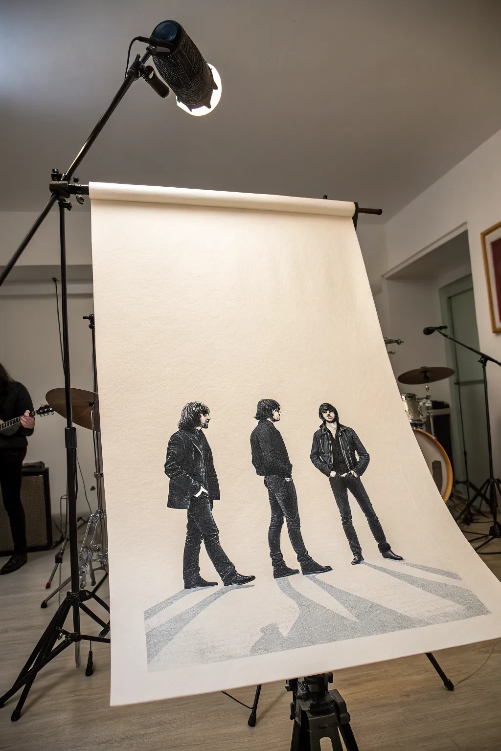 Minimalist band silhouettes under spotlights, a high-contrast drawing idea for your sketchbook