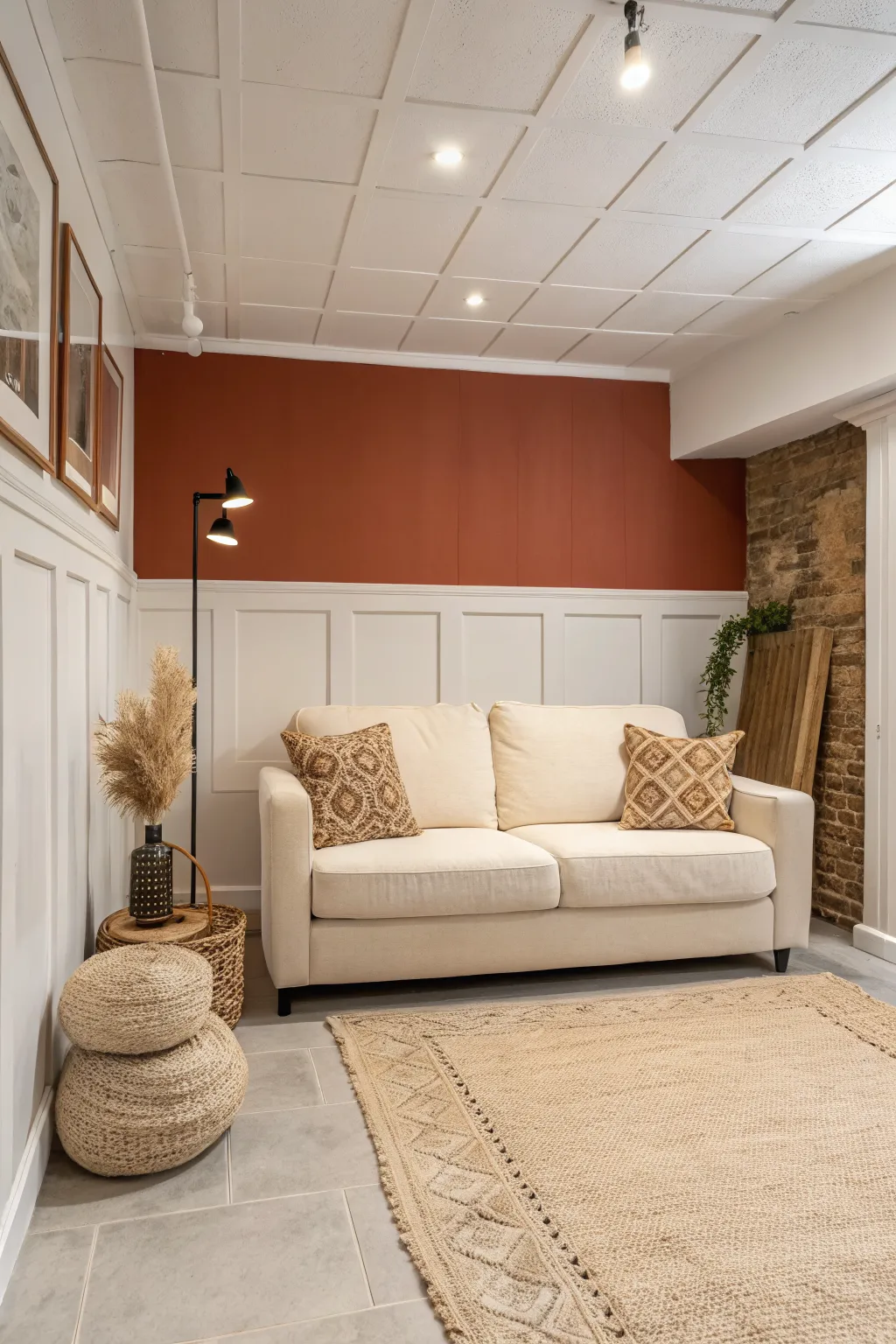 Deep terracotta accent wall behind a cream sofa keeps the basement bright yet cozy