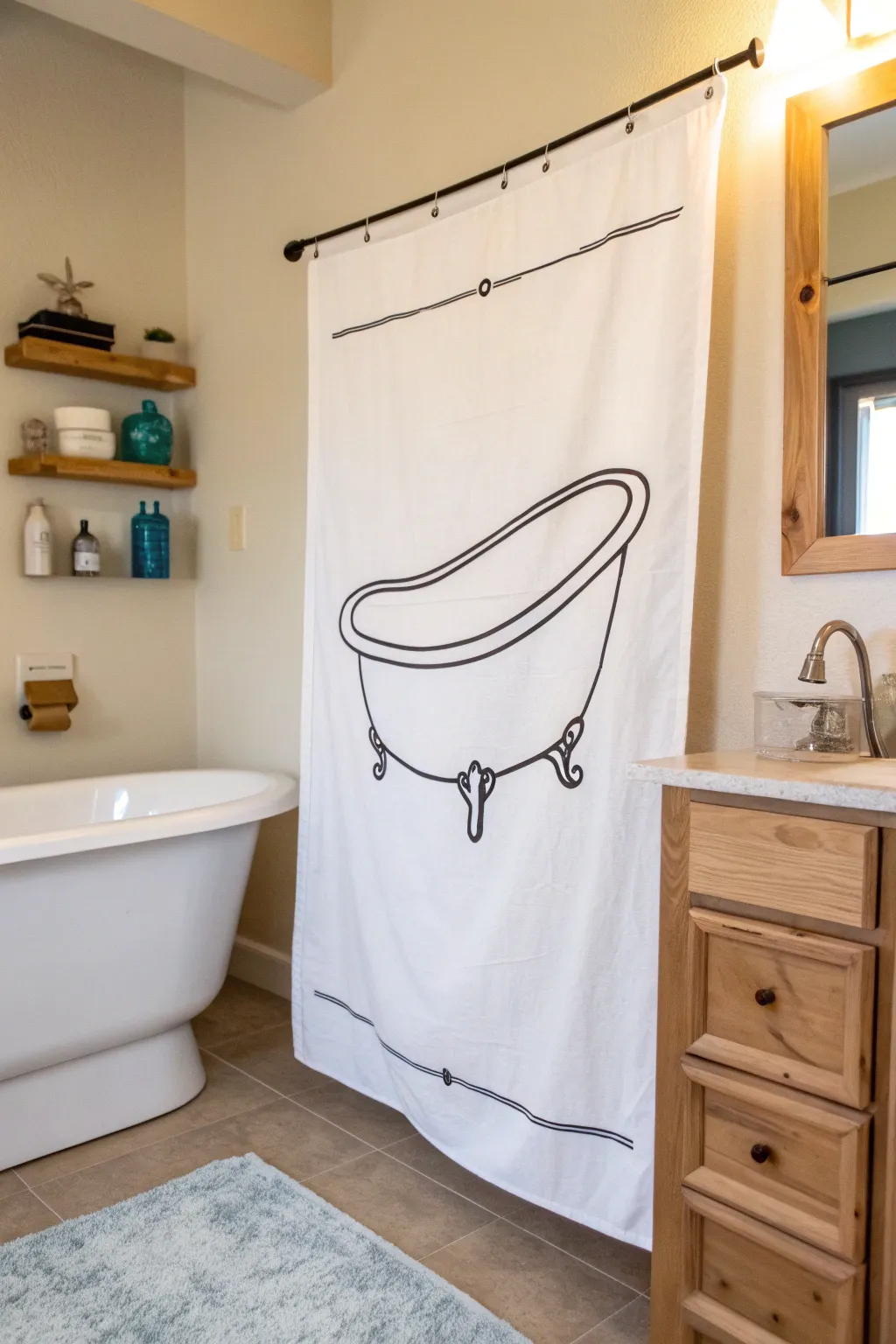 Black-and-white tub line art on a crisp white canvas for a calm minimalist bathroom look