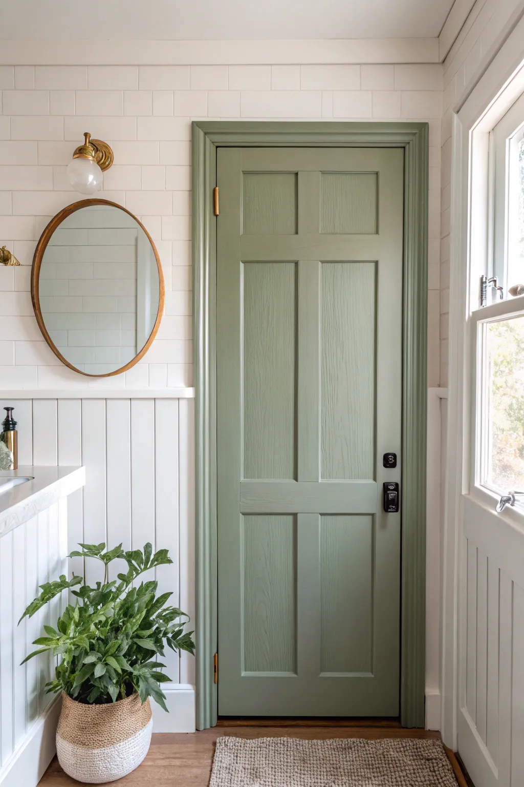 Muted sage door beside crisp white wainscoting, grounded with brass hardware and greenery.