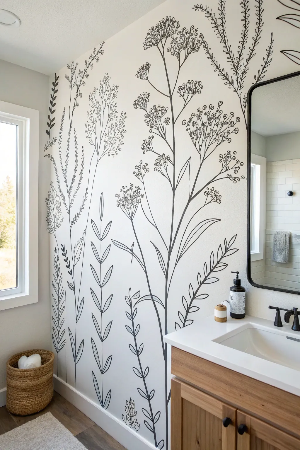 Oversized botanical line art mural for a crisp modern powder room and airy Scandinavian calm