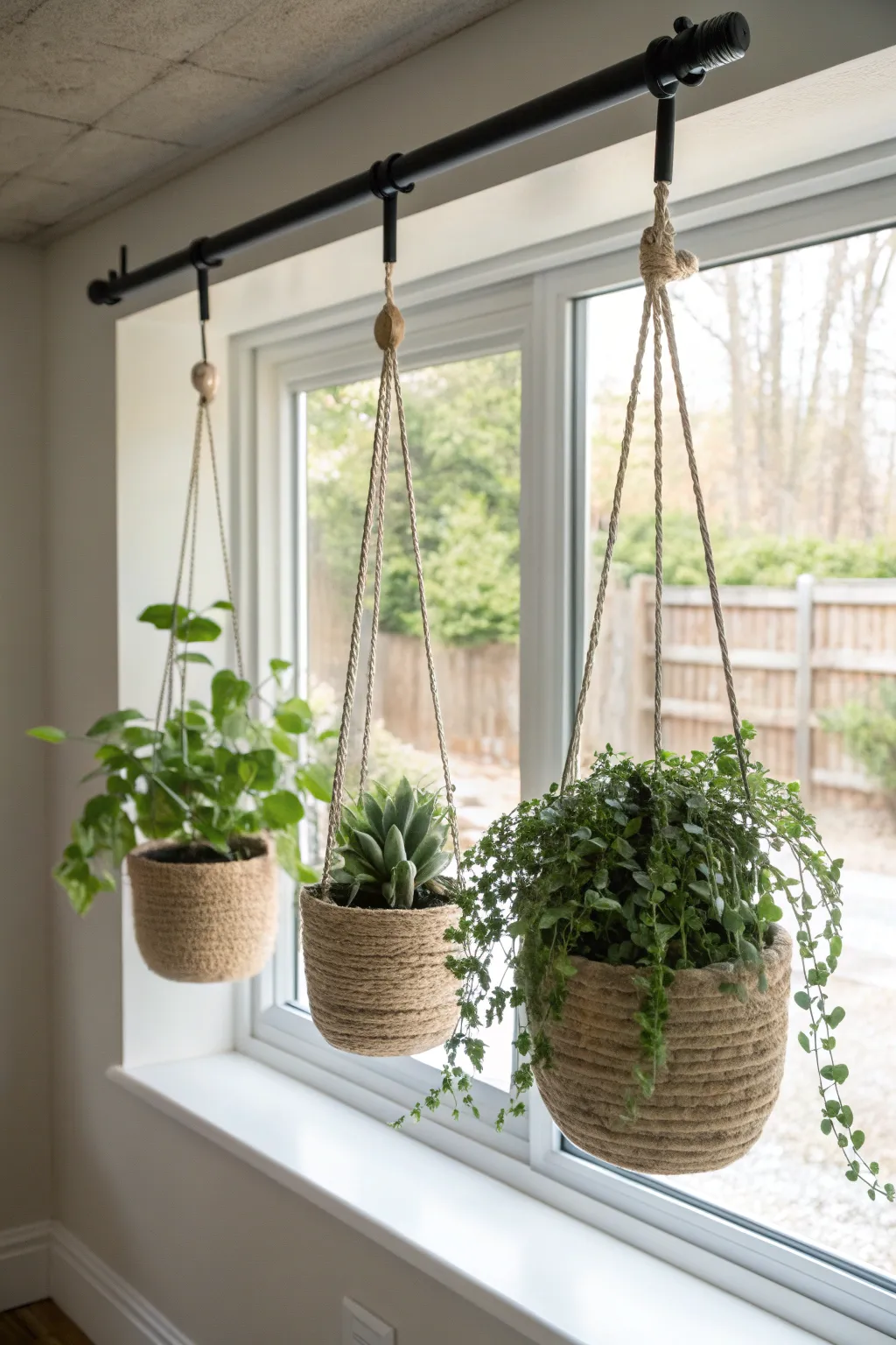 Minimal hanging planters frame a basement window well with soft greenery without blocking light