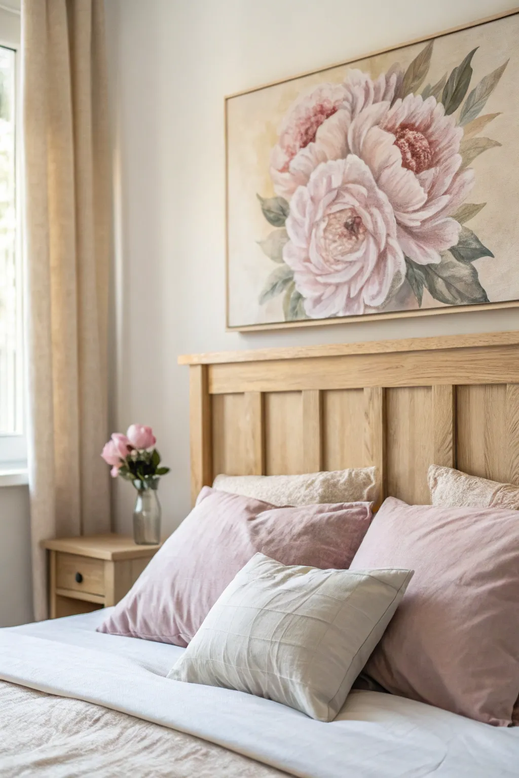 Dreamy peony canvas above the headboard in blush and mauve for a calm, feminine bedroom