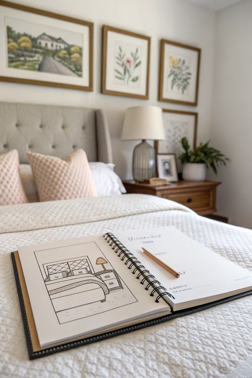 Minimal flat bedroom wall elevation sketch for calm Scandinavian boho bedroom drawing ideas