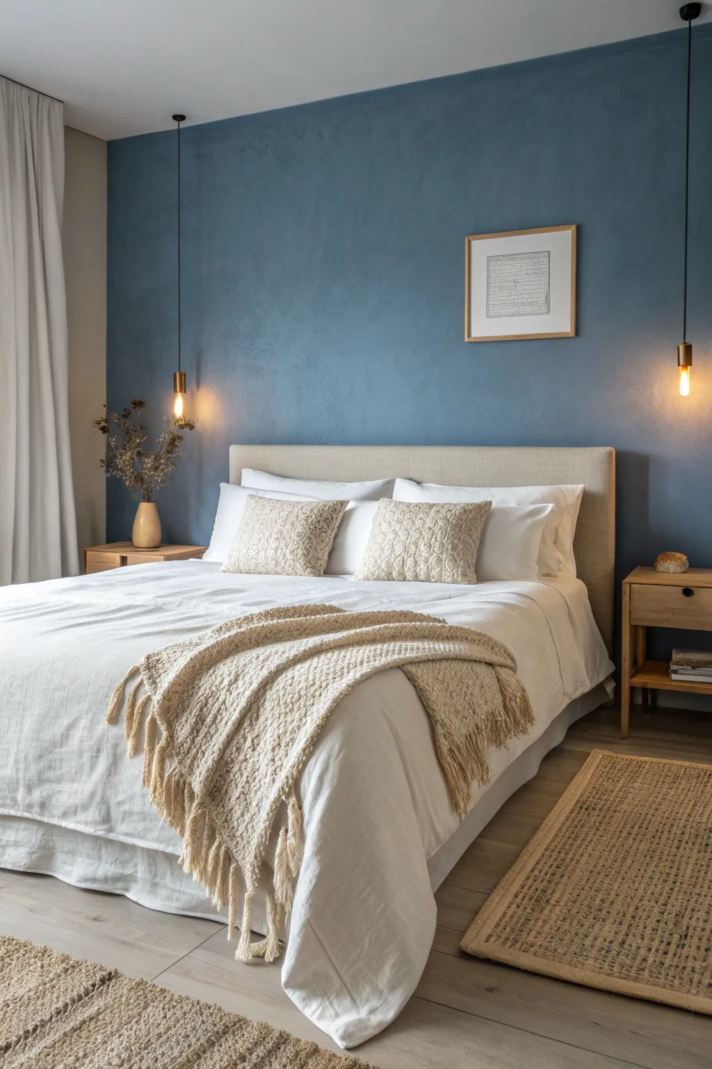 Dusty blue walls and cream linens create a classic, sleepy bedroom mood with warm wood accents
