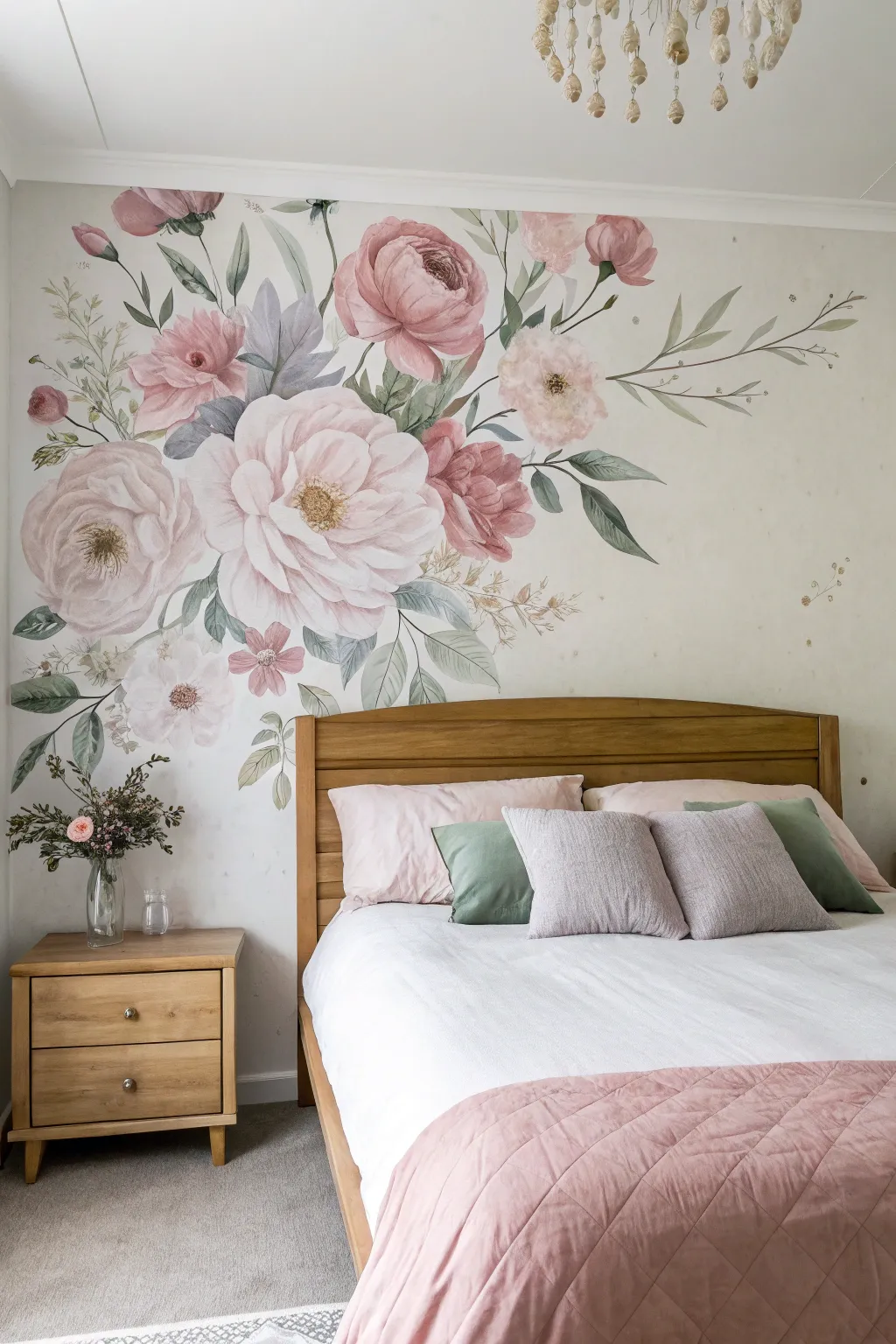 Romantic watercolor florals mural with airy blush blooms for a serene minimalist bedroom