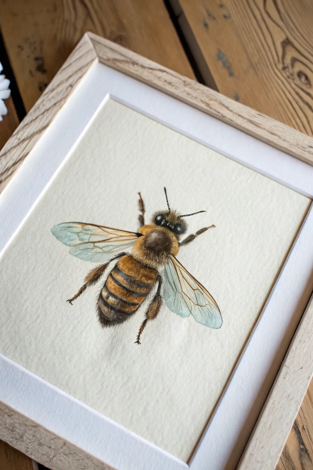 Study transparent wings with pale washes and fine veins in a minimalist watercolor bee.