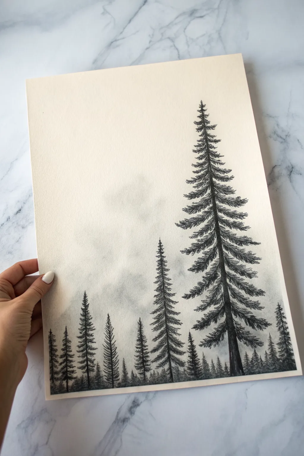 Easy charcoal pine tree silhouettes with a foggy backdrop for bold contrast and calm vibes