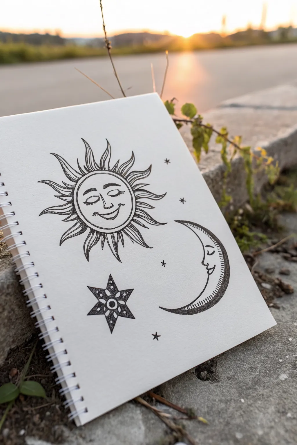 Easy doodle duo: smiling sun and crescent moon in clean minimalist lines for beginners