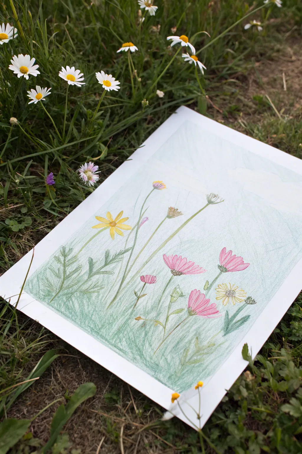 Easy oil pastel wildflower field idea using simple dots and flicks, perfect for beginners.