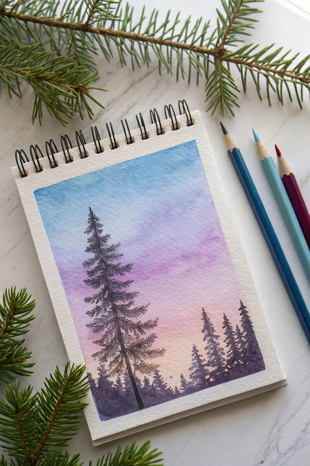 Easy watercolor pencil gradient sky with bold pine silhouettes for a calm minimalist landscape