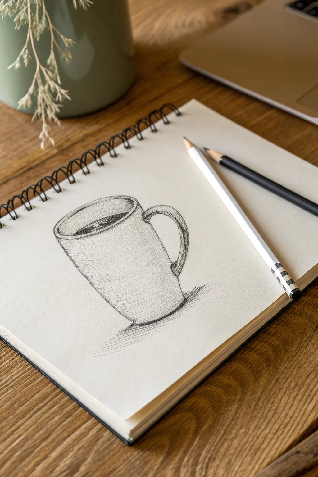 Beginner pencil sketch: a mug built from two ellipses, with core shadow and light perspective.