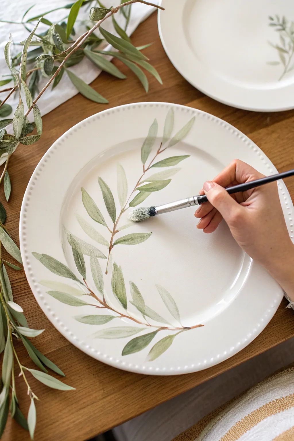Paint a one-brush leafy branch on a white plate, airy green strokes and clean space for beginners