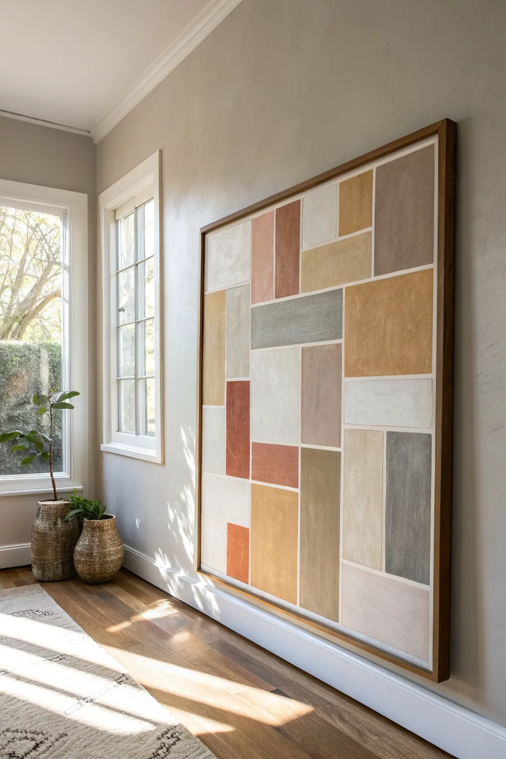 Geometric greige color blocking with matte neutrals, crisp edges, and calm Scandinavian warmth