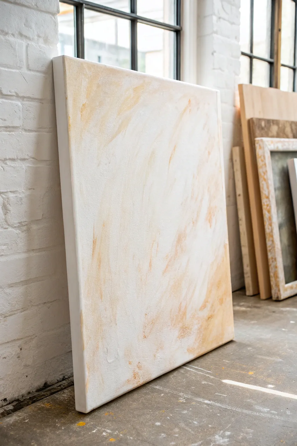 Beige-and-white negative space canvas with a few warm brushstrokes and lots of airy calm.