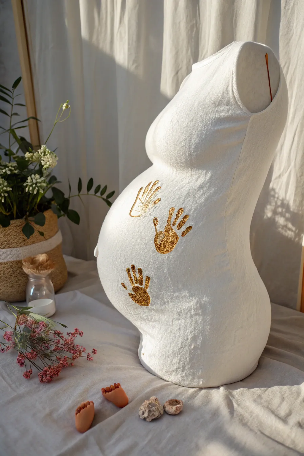 Minimal belly cast with gold handprints and tiny terracotta footprints for a timeless keepsake