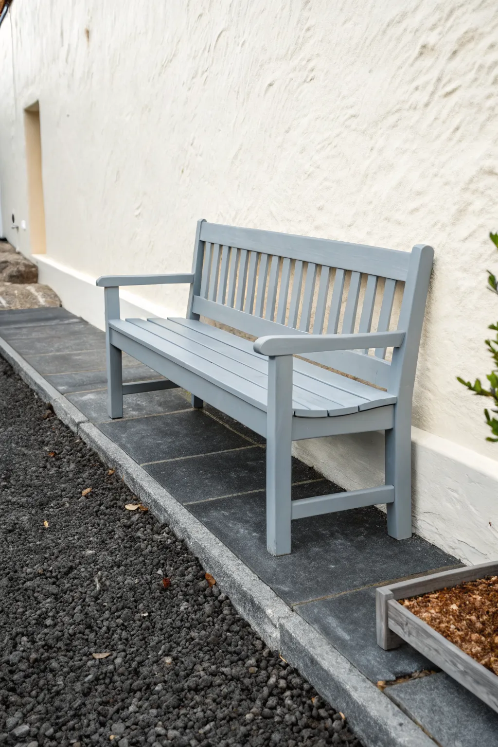 Cool gray modern wash bench styling with concrete tones and a subtle paint-tray makeover hint.